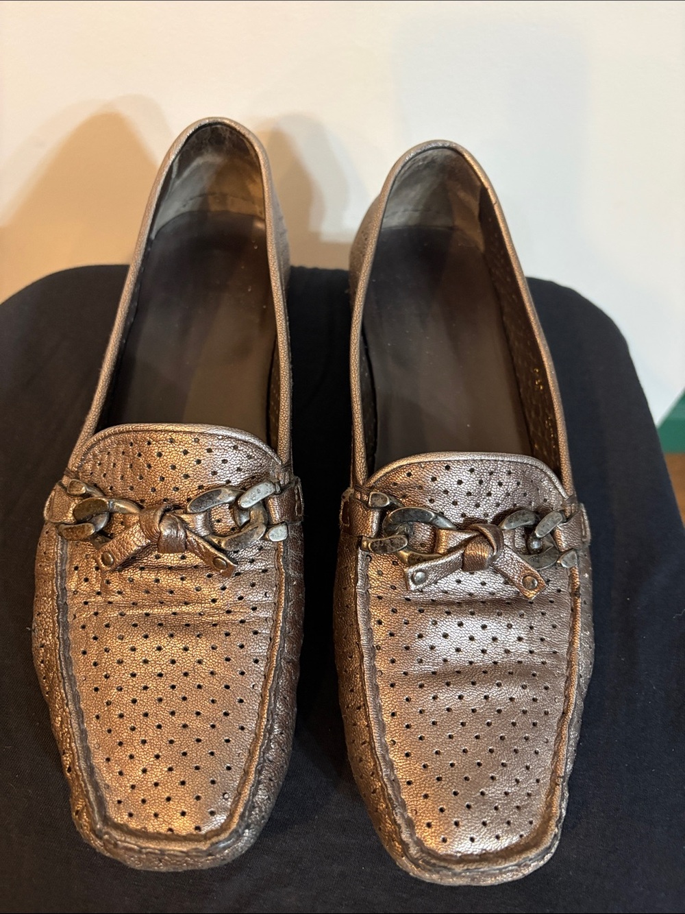 Stuart Weitzman Bronze Metallic Perforated Loafers with Chain Accent